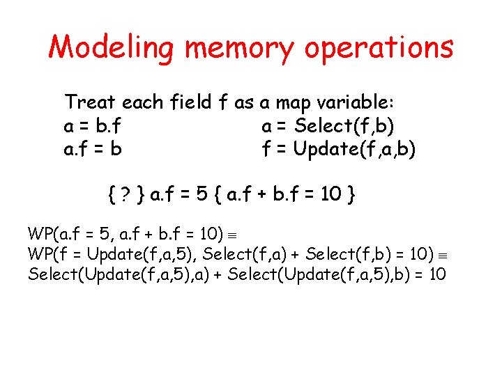 Modeling memory operations Treat each field f as a map variable: a = b.