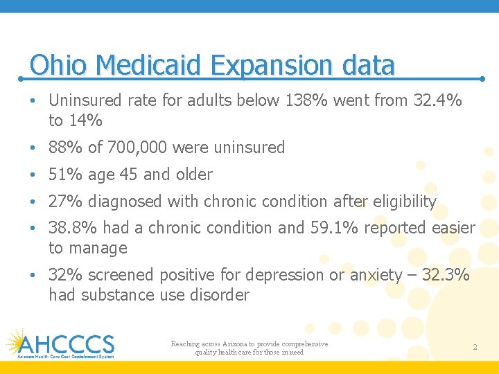 Ohio Medicaid Expansion data • Uninsured rate for adults below 138% went from 32.