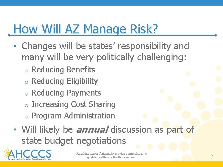 How Will AZ Manage Risk? • Changes will be states’ responsibility and many will