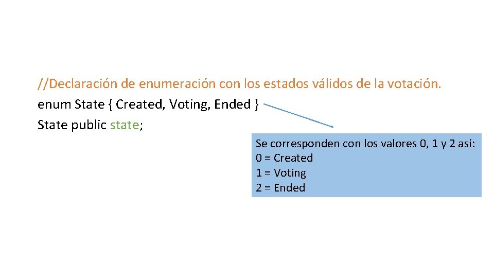 //Declaración de enumeración con los estados válidos de la votación. enum State { Created,