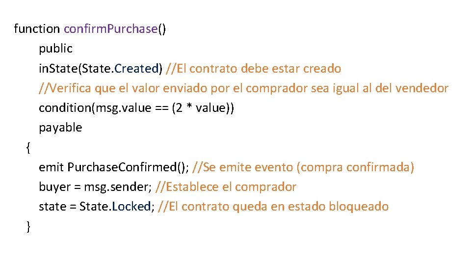 function confirm. Purchase() public in. State(State. Created) //El contrato debe estar creado //Verifica que