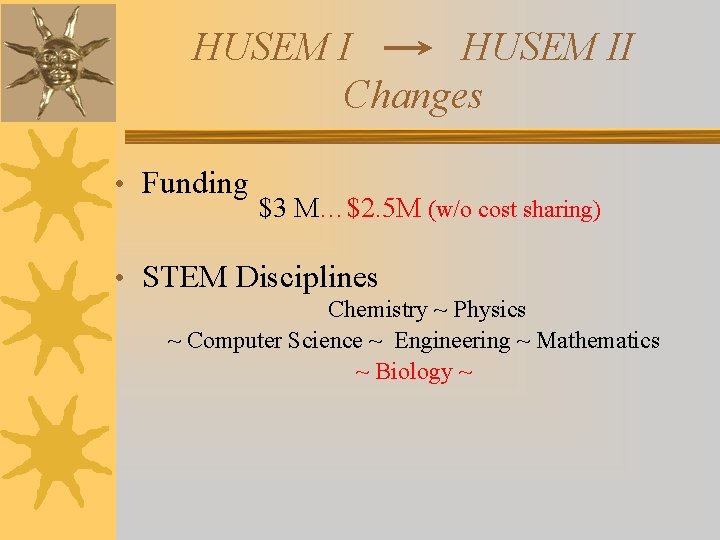 HUSEM II Changes • Funding $3 M…$2. 5 M (w/o cost sharing) • STEM