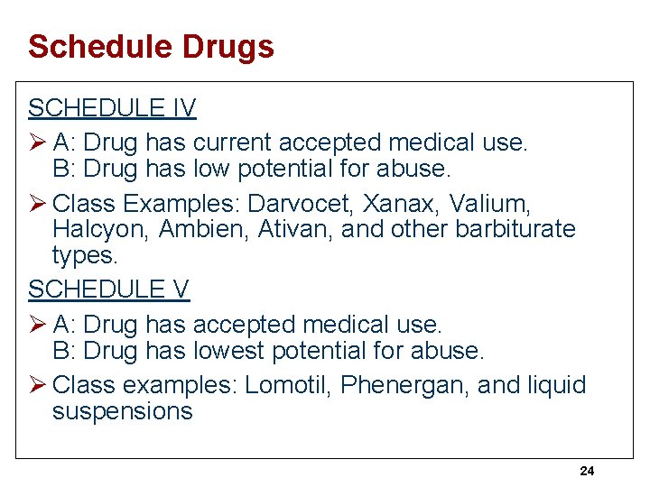 Schedule Drugs SCHEDULE IV Ø A: Drug has current accepted medical use. B: Drug