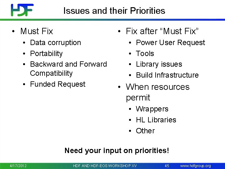 Issues and their Priorities • Must Fix • Fix after “Must Fix” • Data