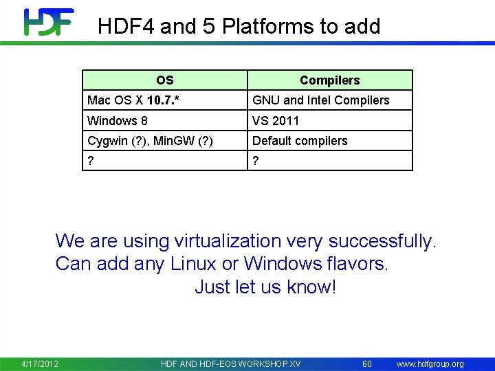 HDF 4 and 5 Platforms to add OS Compilers Mac OS X 10. 7.