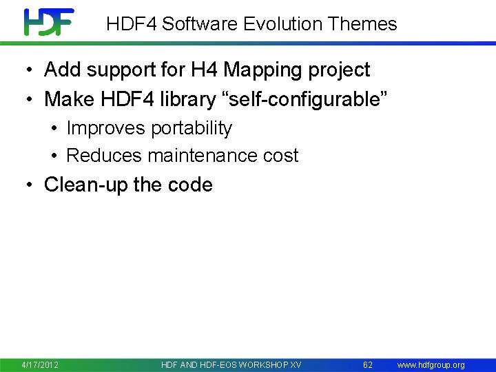 HDF 4 Software Evolution Themes • Add support for H 4 Mapping project •