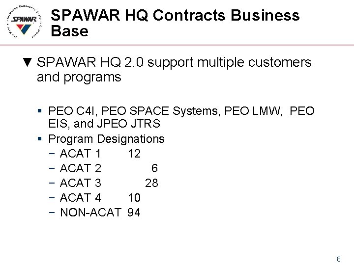 SPAWAR HQ Contracts Business Base ▼ SPAWAR HQ 2. 0 support multiple customers and