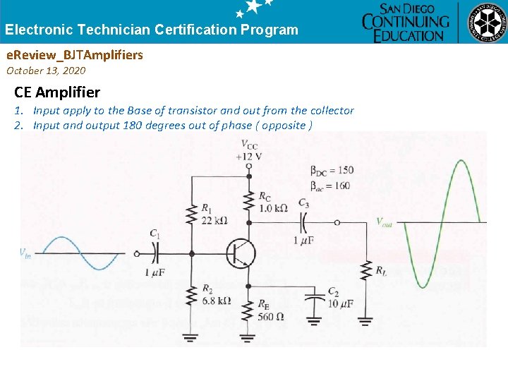 Electronic Technician Certification Program e. Review_BJTAmplifiers October 13, 2020 CE Amplifier 1. Input apply