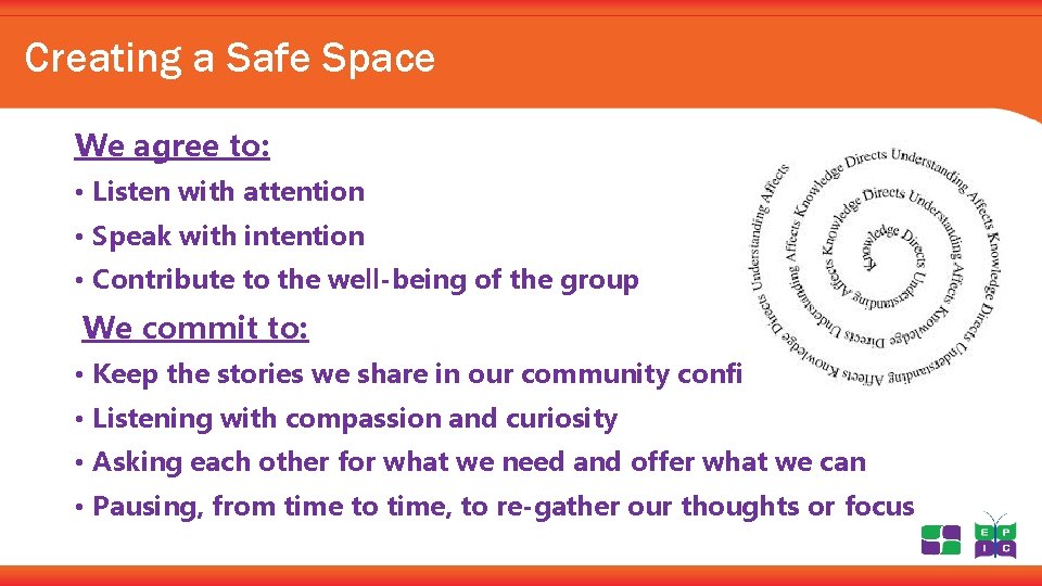 Creating a Safe Space We agree to: • Listen with attention • Speak with