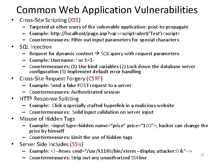 Common Web Application Vulnerabilities • Cross-Site Scripting (XSS) – Targeted at other users of