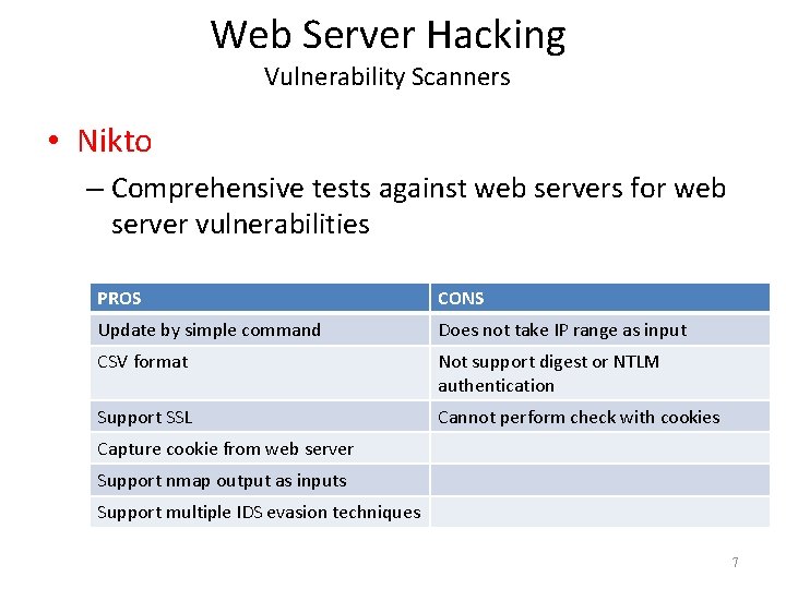 Web Server Hacking Vulnerability Scanners • Nikto – Comprehensive tests against web servers for
