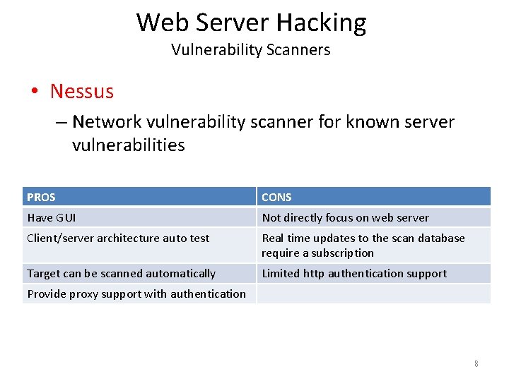 Web Server Hacking Vulnerability Scanners • Nessus – Network vulnerability scanner for known server