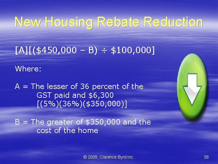 New Housing Rebate Reduction [A][($450, 000 – B) ÷ $100, 000] Where: A =