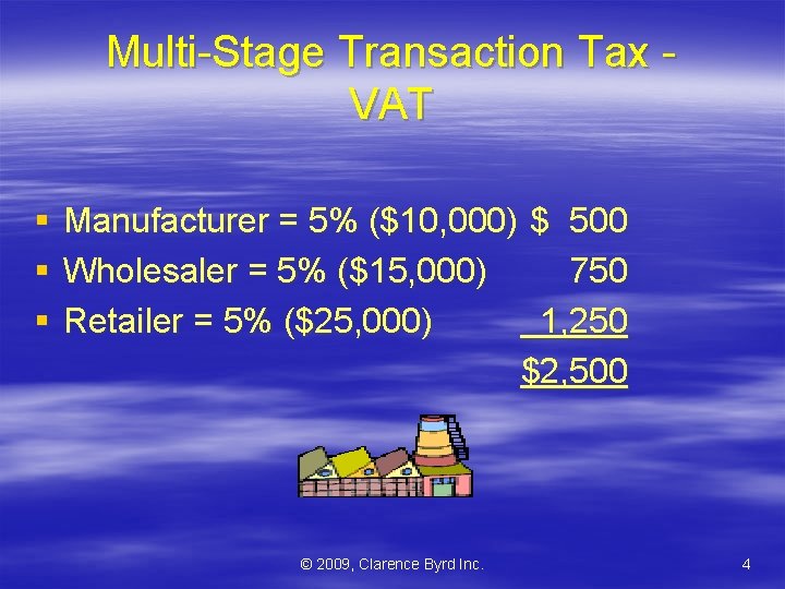 Multi-Stage Transaction Tax VAT § § § Manufacturer = 5% ($10, 000) $ 500