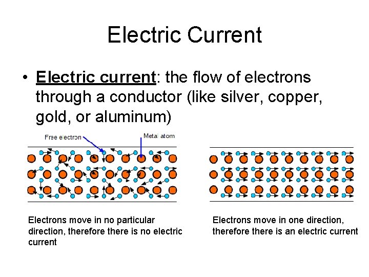 Electric Current • Electric current: the flow of electrons through a conductor (like silver,