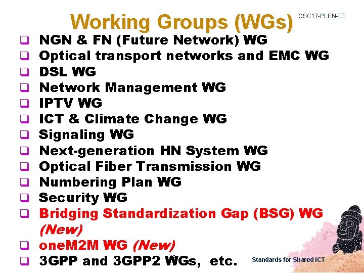 Working Groups (WGs) q q q GSC 17 -PLEN-03 NGN & FN (Future Network)