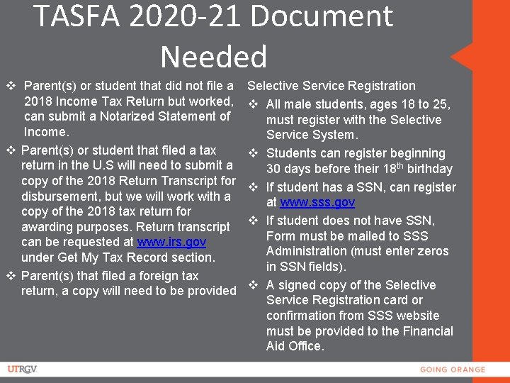 TASFA 2020 -21 Document Needed v Parent(s) or student that did not file a