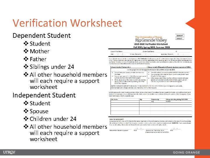 Verification Worksheet Dependent Student v Mother v Father v Siblings under 24 v All