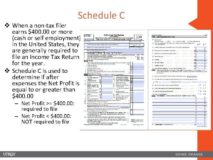 Schedule C v When a non-tax filer earns $400. 00 or more (cash or