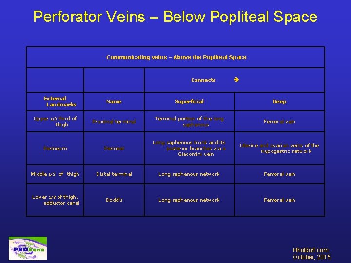 Perforator Veins – Below Popliteal Space Communicating veins – Above the Popliteal Space Connects