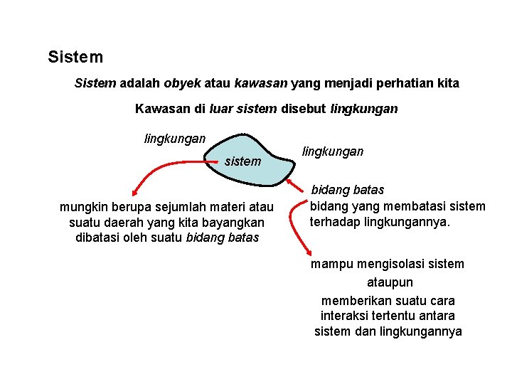 Sistem adalah obyek atau kawasan yang menjadi perhatian kita Kawasan di luar sistem disebut