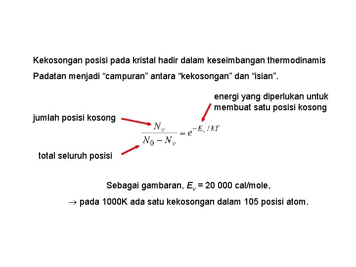 Kekosongan posisi pada kristal hadir dalam keseimbangan thermodinamis Padatan menjadi “campuran” antara “kekosongan” dan