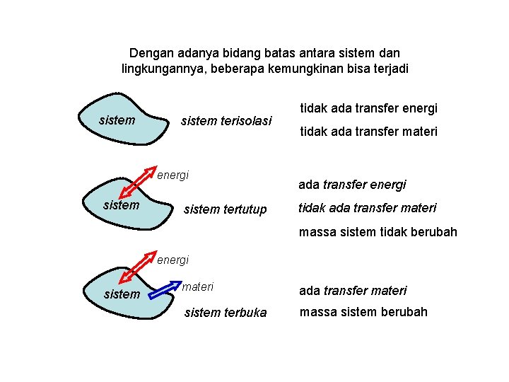 Dengan adanya bidang batas antara sistem dan lingkungannya, beberapa kemungkinan bisa terjadi sistem terisolasi