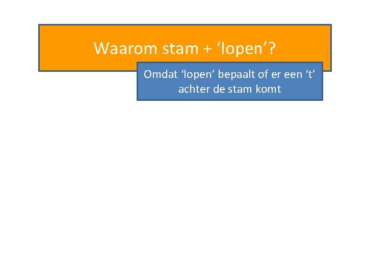 Waarom stam + ‘lopen’? Omdat ‘lopen’ bepaalt of er een ‘t’ achter de stam