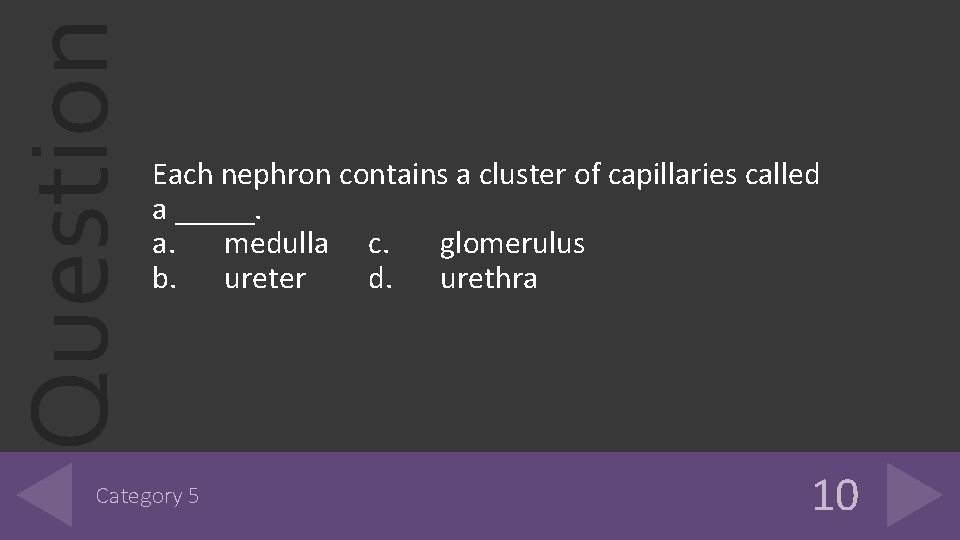 Question Each nephron contains a cluster of capillaries called a _____. a. medulla c. Question Each nephron contains a cluster of capillaries called a _____. a. medulla c.