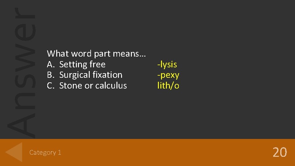 Answer What word part means… A. Setting free B. Surgical fixation C. Stone or Answer What word part means… A. Setting free B. Surgical fixation C. Stone or