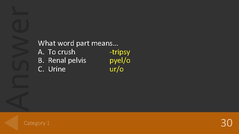 Answer What word part means… A. To crush -tripsy B. Renal pelvis pyel/o C. Answer What word part means… A. To crush -tripsy B. Renal pelvis pyel/o C.