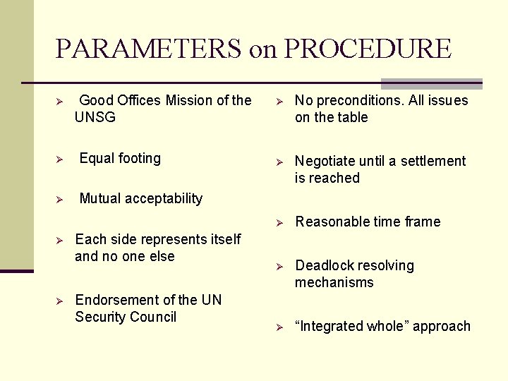 PARAMETERS on PROCEDURE Ø Good Offices Mission of the UNSG Ø Equal footing Ø
