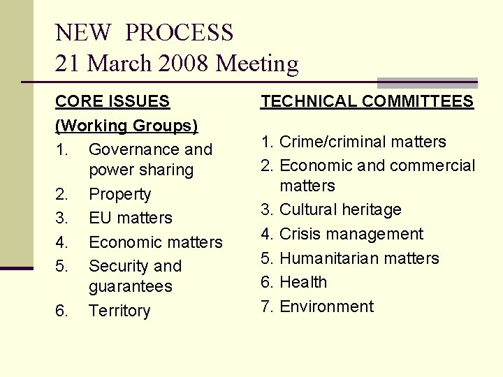 NEW PROCESS 21 March 2008 Meeting CORE ISSUES (Working Groups) 1. Governance and power
