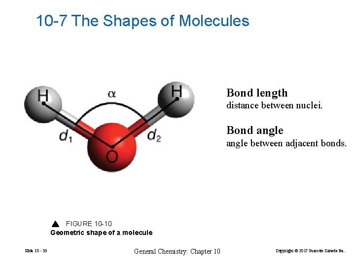10 -7 The Shapes of Molecules Bond length distance between nuclei. Bond angle between