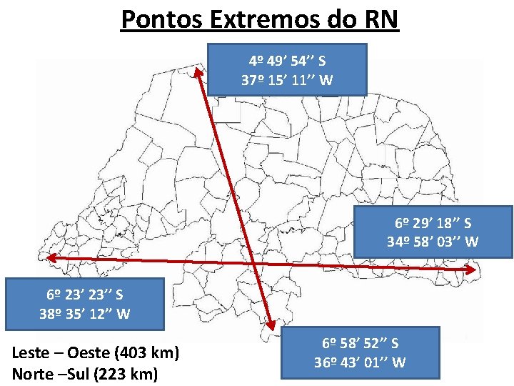 Pontos Extremos do RN 4º 49’ 54’’ S 37º 15’ 11’’ W 6º 29’