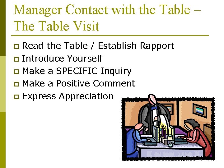 Manager Contact with the Table – The Table Visit Read the Table / Establish