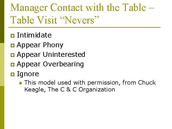 Manager Contact with the Table – Table Visit “Nevers” Intimidate p Appear Phony p
