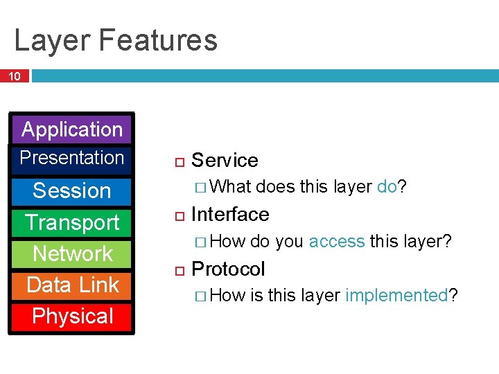 Layer Features 10 Application Presentation Session Transport Network Data Link Physical Service � What
