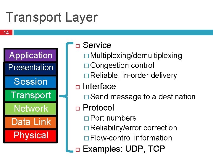 Transport Layer 14 Service Application � Multiplexing/demultiplexing Presentation � Congestion Session Transport Network Data