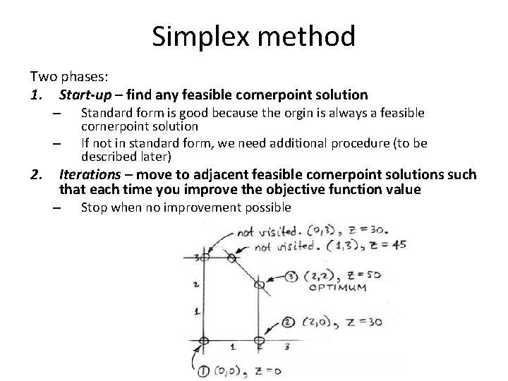Simplex method Two phases: 1. Start-up – find any feasible cornerpoint solution – –