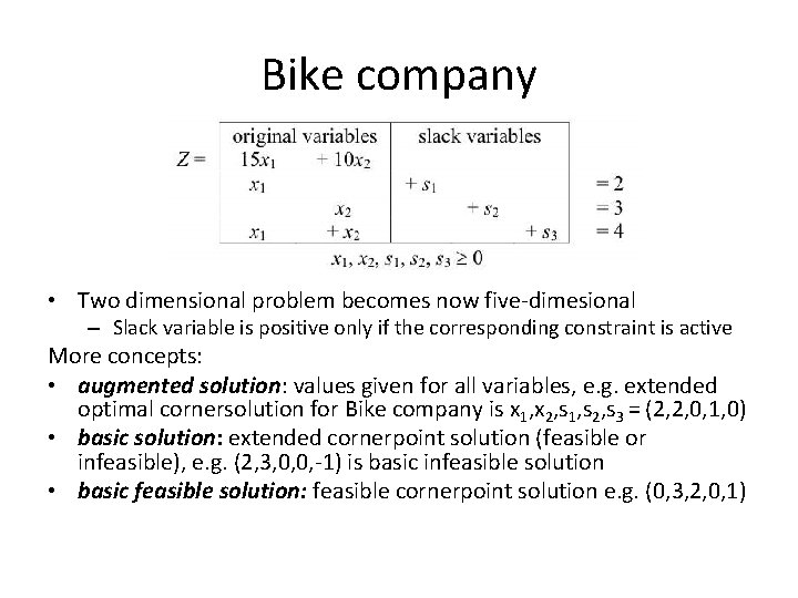 Bike company • Two dimensional problem becomes now five-dimesional – Slack variable is positive