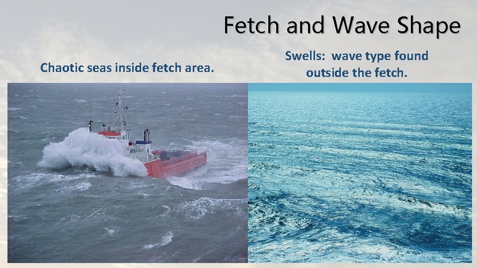 Fetch and Wave Shape Chaotic seas inside fetch area. Swells: wave type found outside