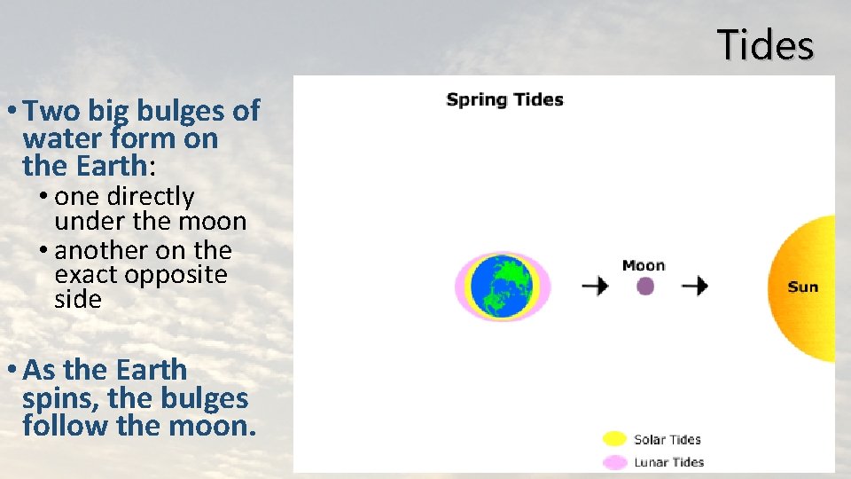 Tides • Two big bulges of water form on the Earth: • one directly