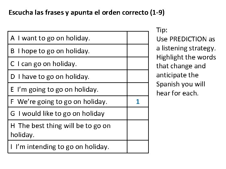 Escucha las frases y apunta el orden correcto (1 -9) A I want to