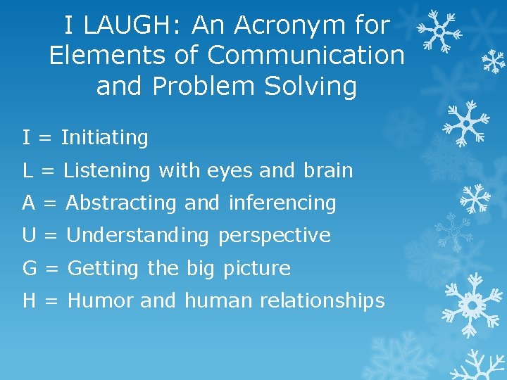 I LAUGH: An Acronym for Elements of Communication and Problem Solving I = Initiating
