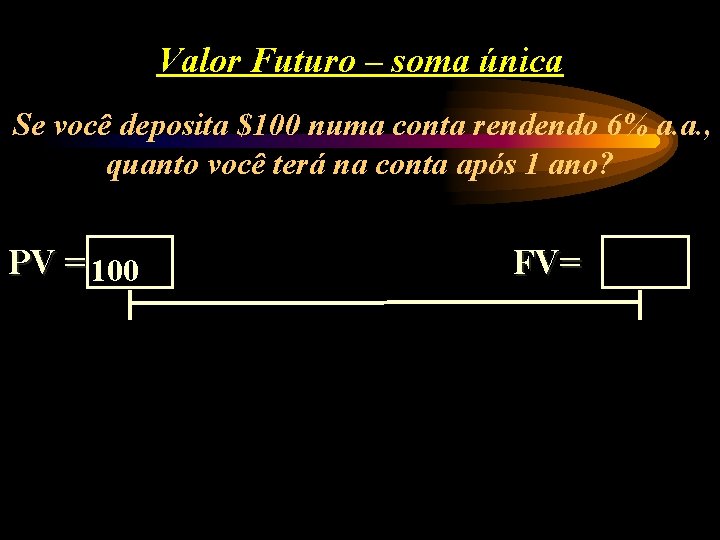 Valor Futuro – soma única Se você deposita $100 numa conta rendendo 6% a.