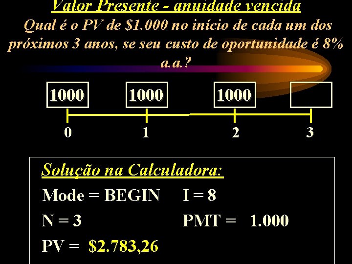 Valor Presente - anuidade vencida Qual é o PV de $1. 000 no início