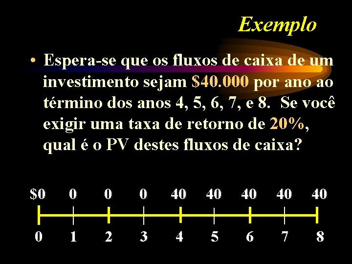 Exemplo • Espera-se que os fluxos de caixa de um investimento sejam $40. 000