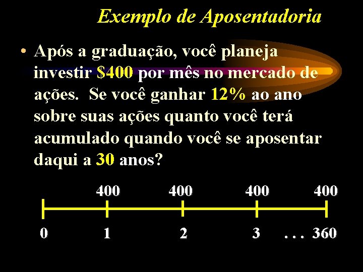 Exemplo de Aposentadoria • Após a graduação, você planeja investir $400 por mês no