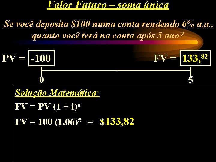 Valor Futuro – soma única Se você deposita $100 numa conta rendendo 6% a.